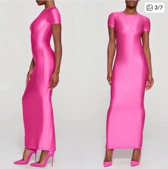 SKIMS Hot Pink Shine Spandex Jersey Maxi Dress Size Large - Picture 3 of 6